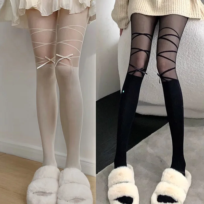 

Женские длинные колготки в японском стиле Y2K с бантом на ремешке в стиле "Лолита", черные и белые колготки, сексуальные женские чулки