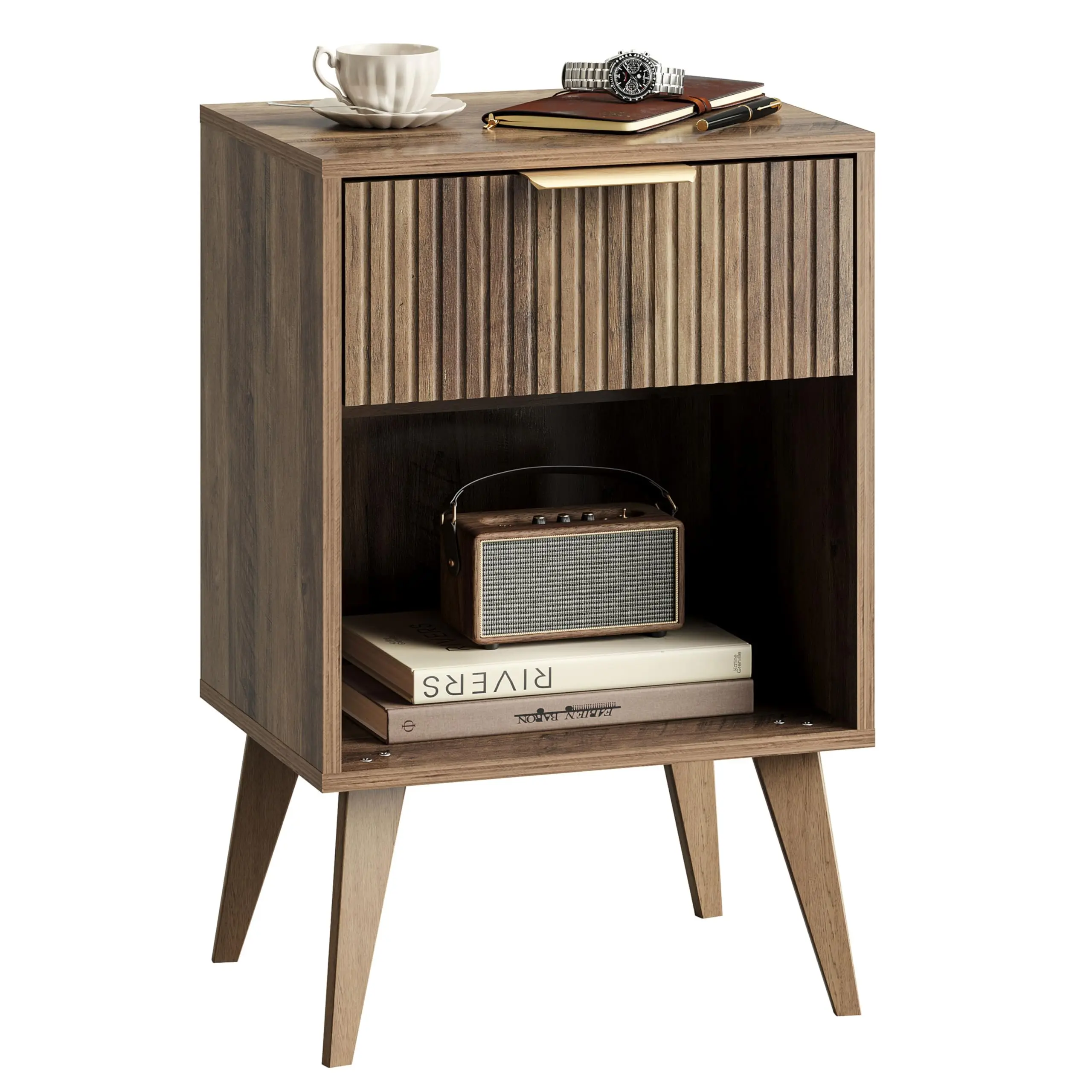 

Mid-Century Fluted Nightstand With Open Shelf And Drawer, Wooden Bedside Table With Tapered Legs For Bedroom Or Living Room