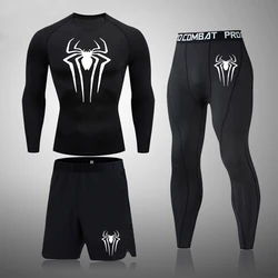 Męski zestaw kompresyjny z nadrukiem Super Spider Top na siłownię z długim rękawem + spodnie do fitnessu + spodenki sportowe Szybkoschnący zestaw wysypki