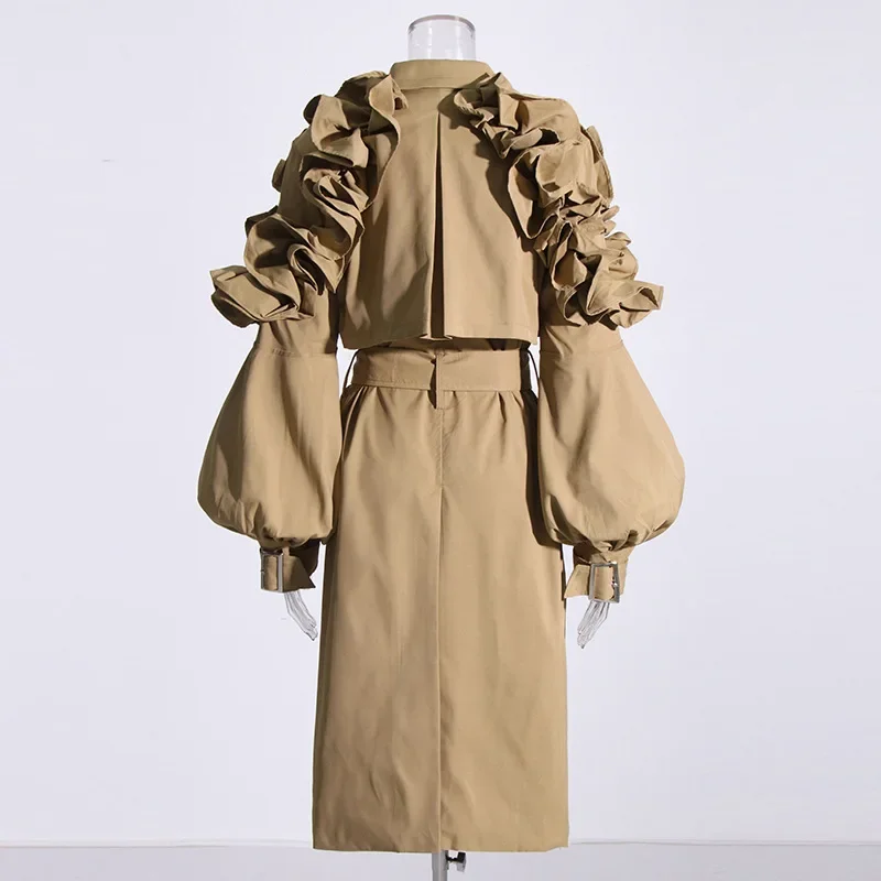 Commuting Style Mid-length Windbreaker 2024 Lapel Long Sleeve Ruffle Stitching Slim Fit Over-the-knee Coat for Women