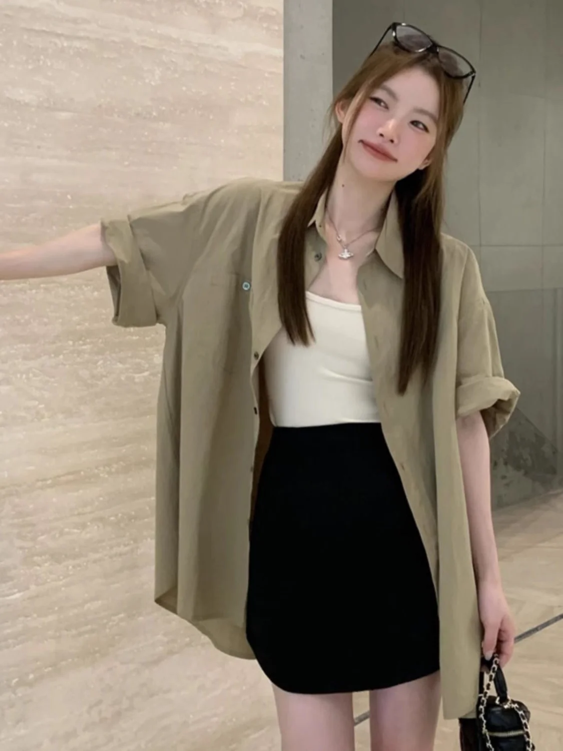 

plus Size Neck Short Sleeve Shirt Women's Single Button Loose Fit Versatile Top Outerwear Summer Casual Korean Style
