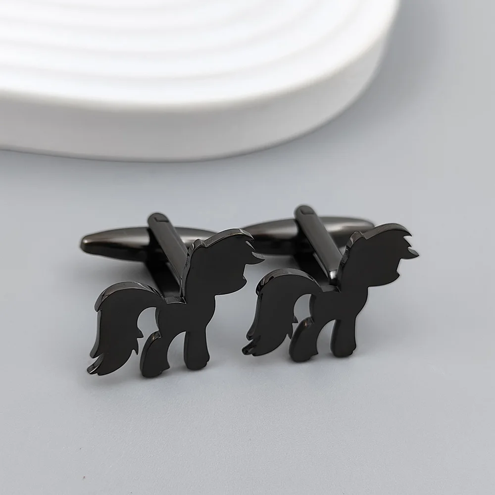 Funny pony cute cufflinks in gold-plated black, French shirt cuff accessories, worn by high-end business men