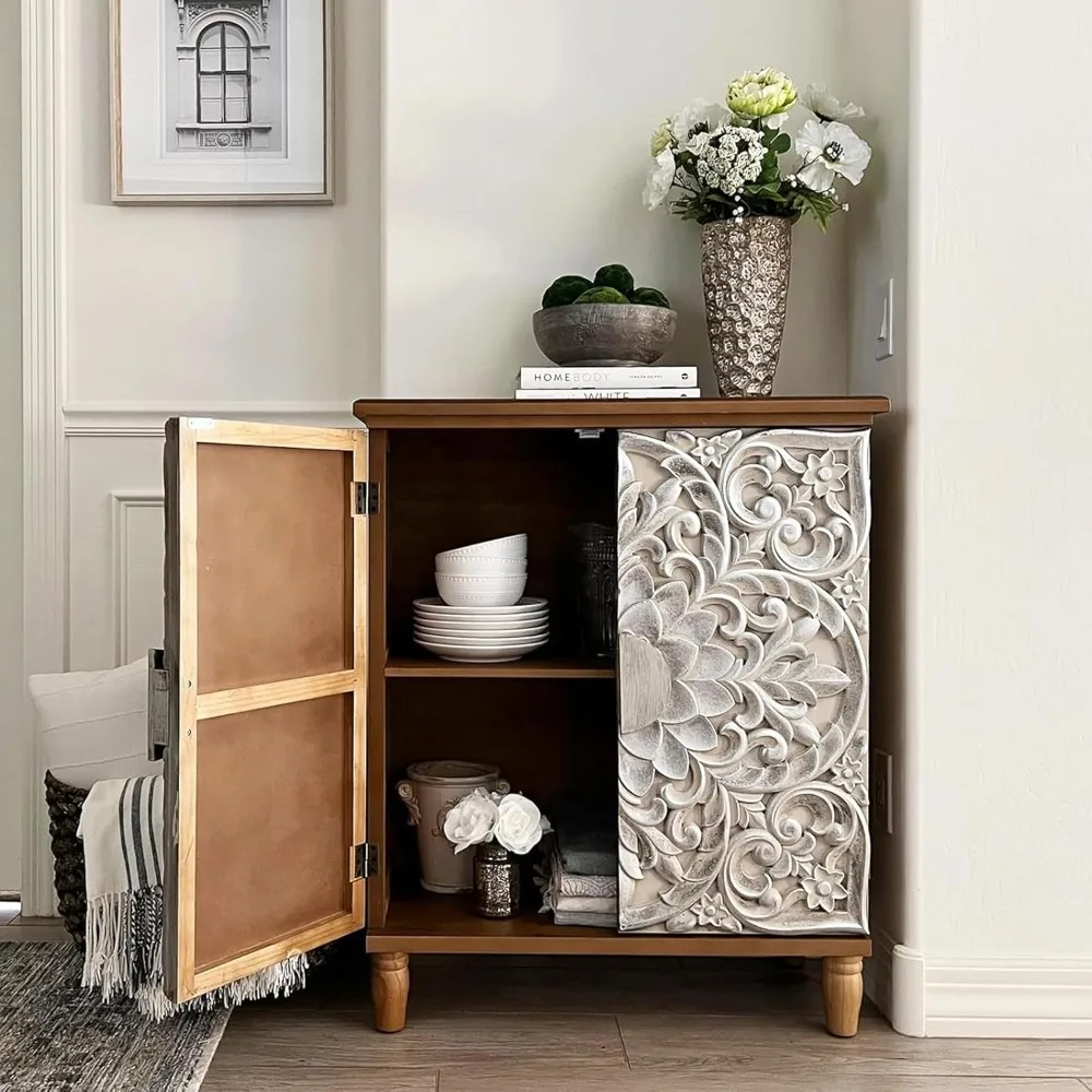 

Accent Cabinet with Doors, Distressed Decorative Storage Cabinet with Wood Frame and Silver Embossed Pattern