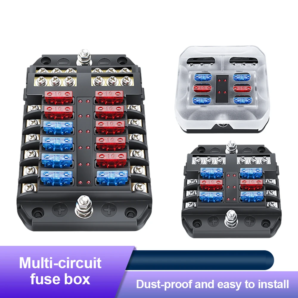 6 Way 12 Way Car Fuse Box Blade Fuse Holder Block & Warning Indicator 12V~24V Power Distribution Panel Board Protective Cover