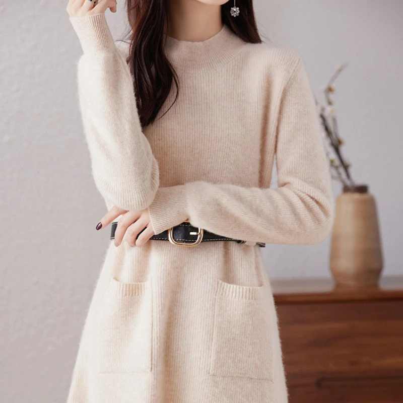 

Wool Dress Round Neck Solid Color Long Pocket Loose Knit Sweater Skirt 2024 Autumn and Winter Fashion Commuter Women's Dress