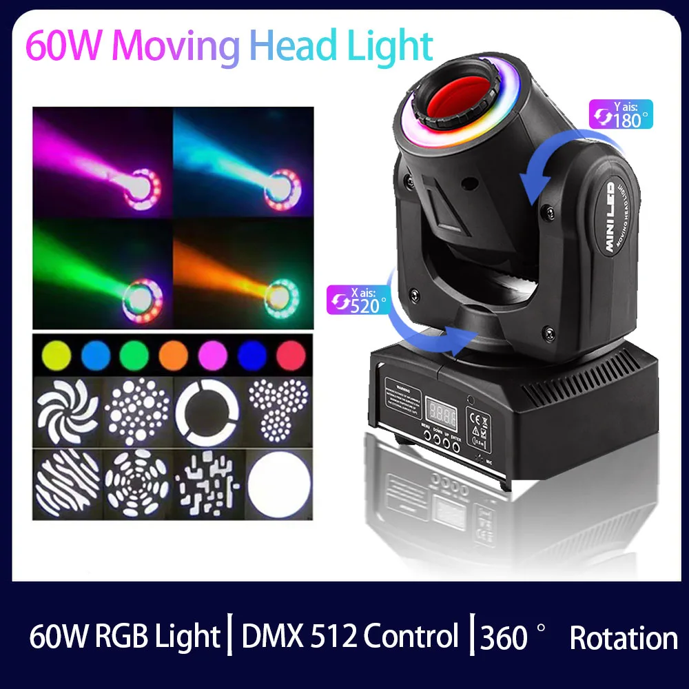 

60W Professional Stage Lights DMX512 Moving Head Disco Lights Bar DJ Party Ambient Lights Wedding Festival LED Gobo Lights