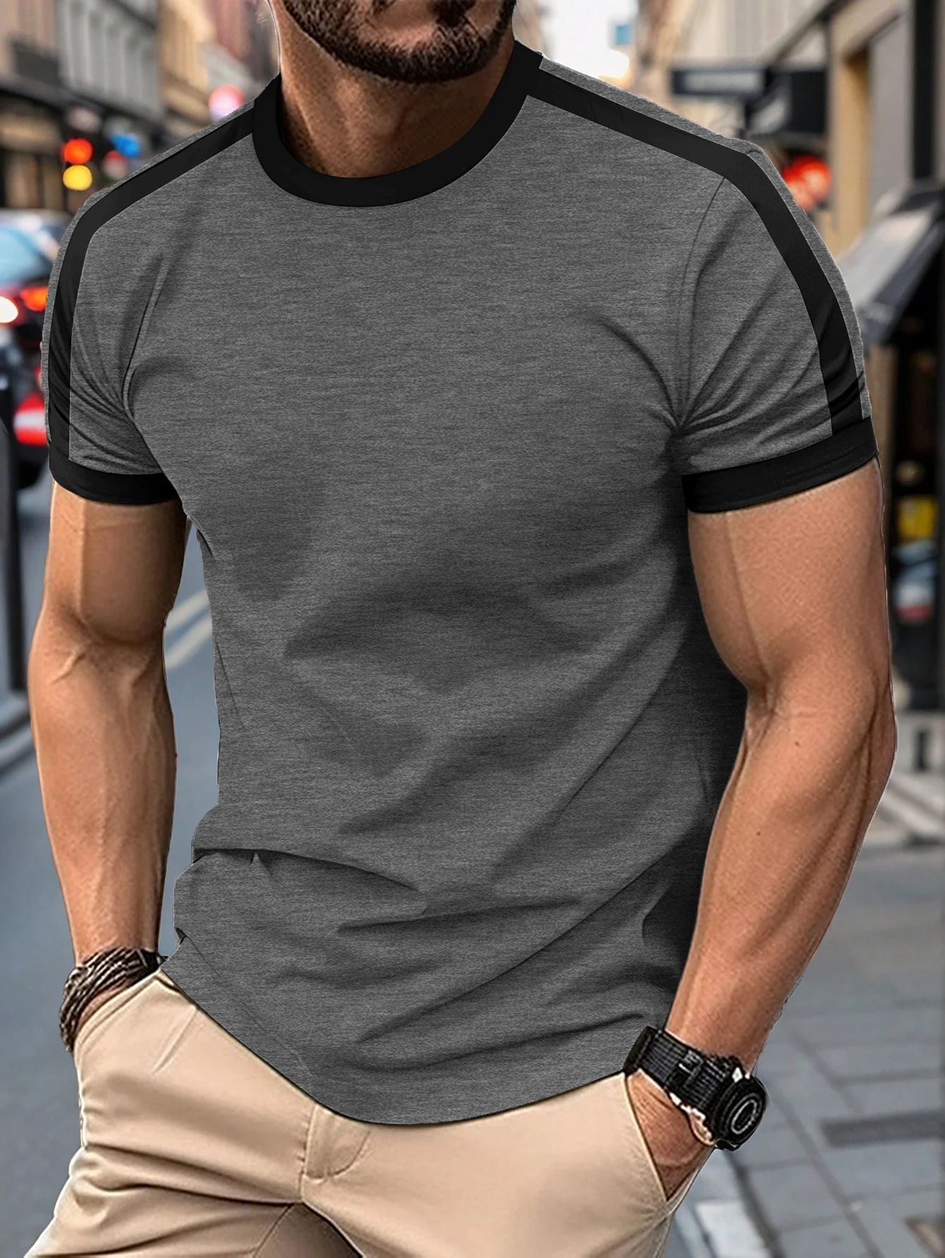 New Summer Elastic Casual Short-Sleeved Men's Daily Party Home Social Color matching T-Shirt Solid Color Vintage Streetwear Top image 6