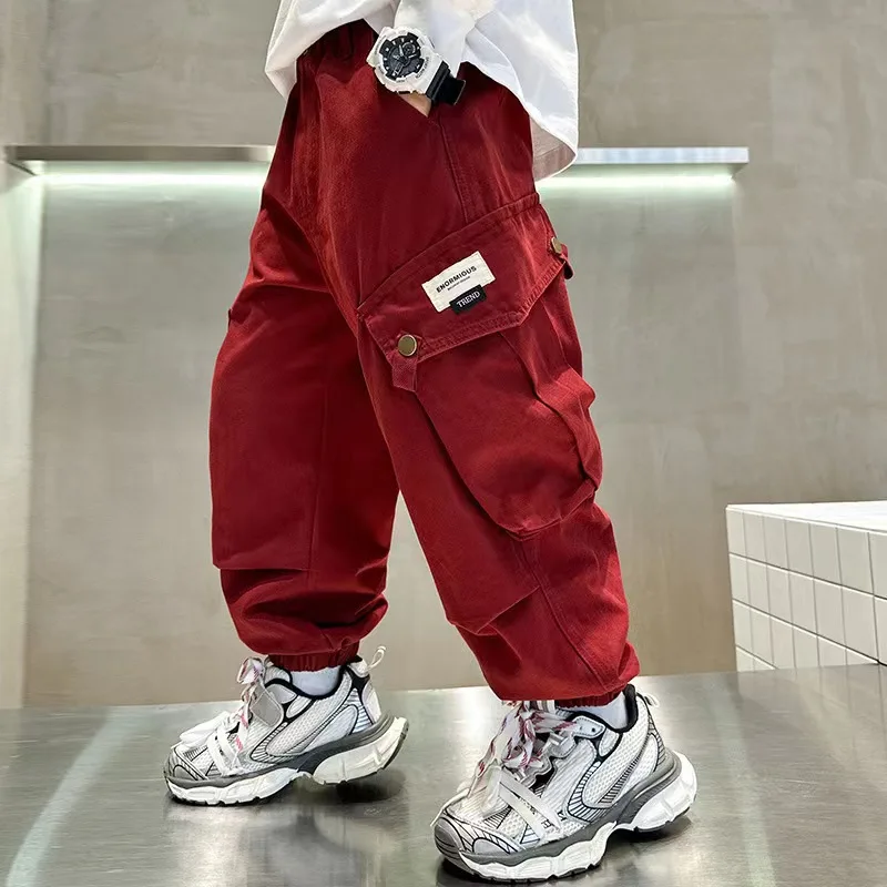 Spring and Autumn Children\'s Pants Boys\' Clothing Winter Plush Thickened Loose Fashion Pants 2023 Boys\' Handsome Red Casual Pant