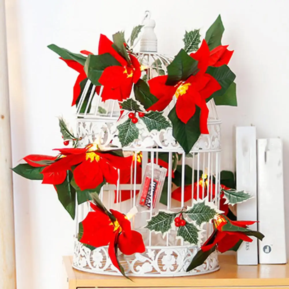 Christmas Poinsettia Garland With LED Lights Artificial Red Flower & Holly Berry For Stairs, Home, Christmas Tree Decoration