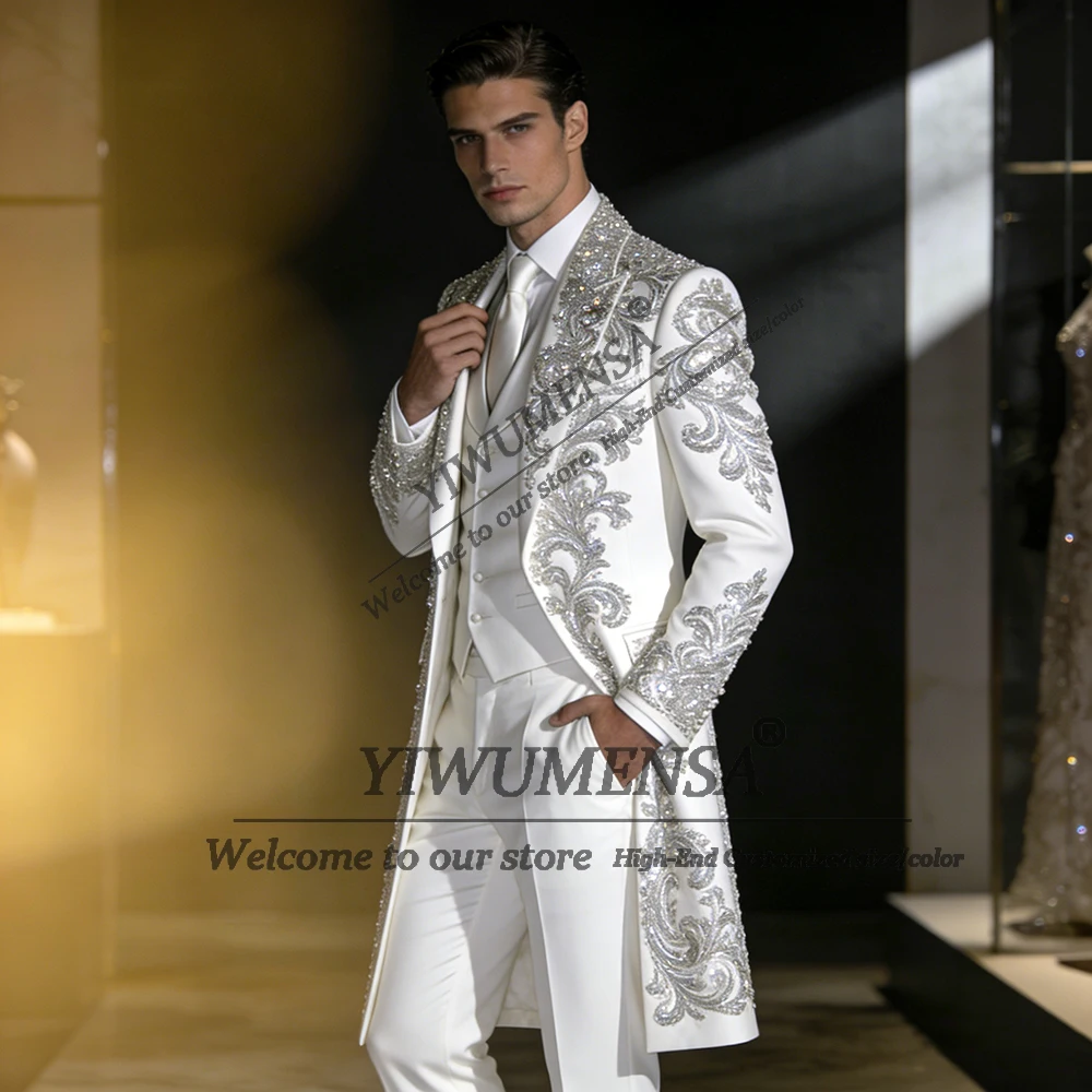 

Sparkling Crystals Beading Suit Men Long Single Breasted Prom Blazers Customized 3 Piece Set Groom Tuxedos Outfits Ropa Hombre
