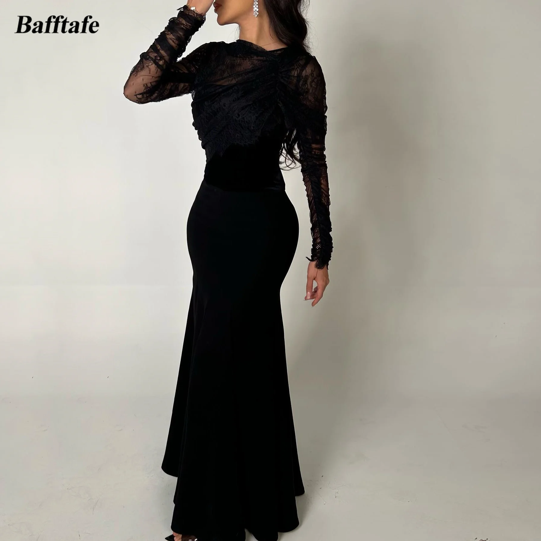 

Bafftafe Black Mermaid Evening Dresses Lace Long Sleeve Women Formal Prom Dress Customized Floor Length Bodycon Party Dress