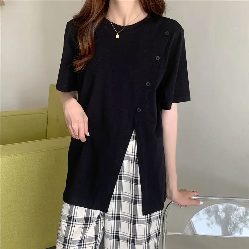 

Simplicity Black Split Hem T Shirts Summer New Solid Short Sleeve All-match Trend Basic Tops Tees Casual Fashion Women Clothing