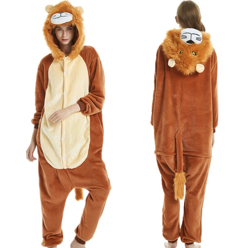 Kigurumi Lion Onesie Pajamas Adult Jumpsuit Animal Onesies Pyjamas Halloween Homewear Hooded Flannel Onesies Cosplay Costumes