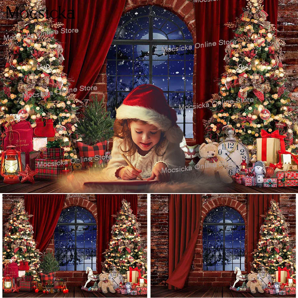 

Christmas Vintage Window Night Background Toys Gifts Merry Xmas Party Backdrop Decor Brick Wall Red Curtain Snow Scene Photocall