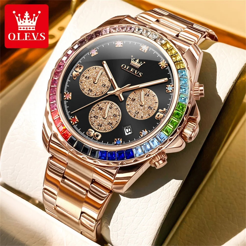 OLEVS New Fashion Luxury Men's Watches Brand Rainbow Diamond Ring Skeleton Quartz Watch Waterproof Temperamental Male Wristwatch