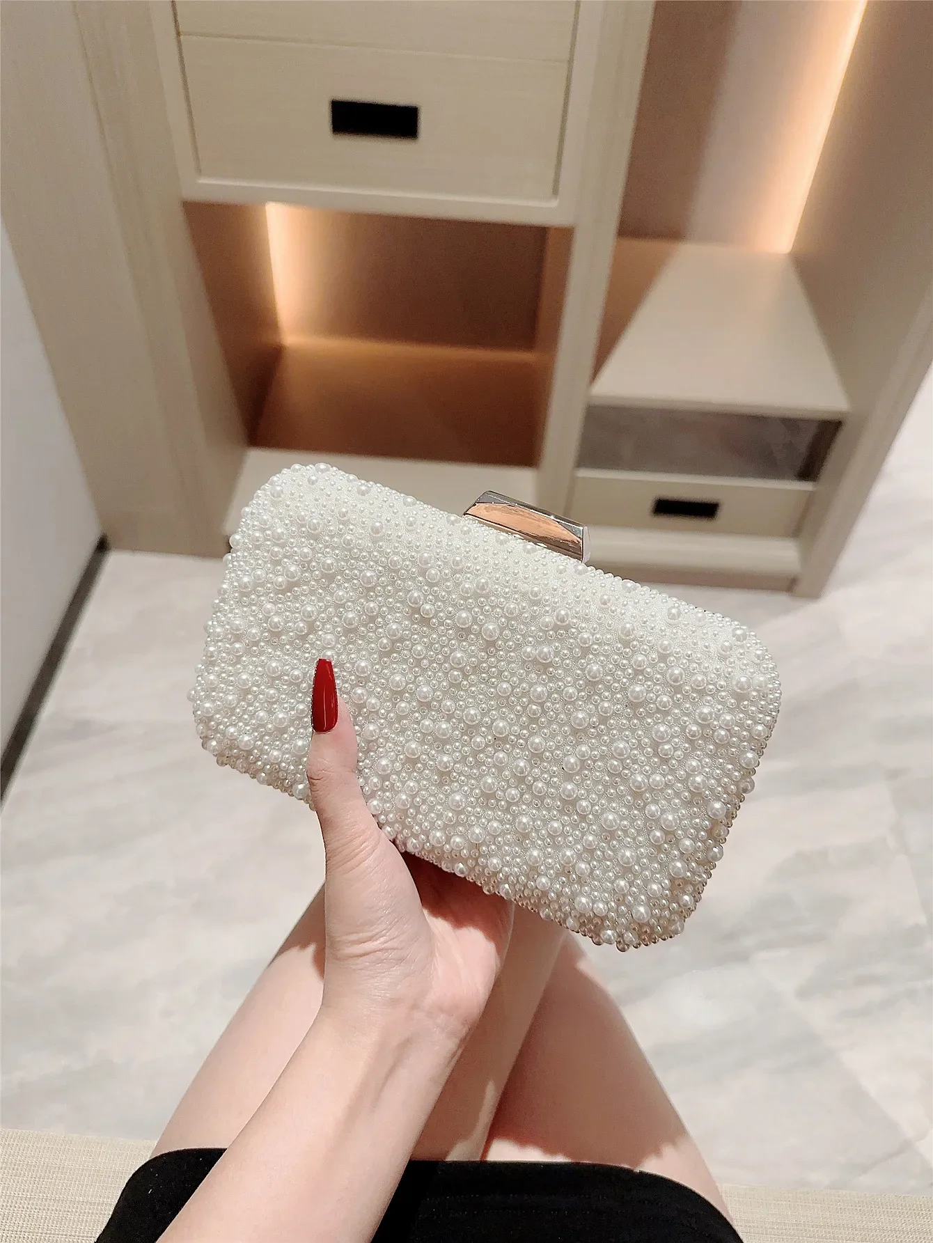 

New Pearl Square Box Type Evening Bags Beaded Clutch Purse Banquet Bags Evening Bag Wedding Bag