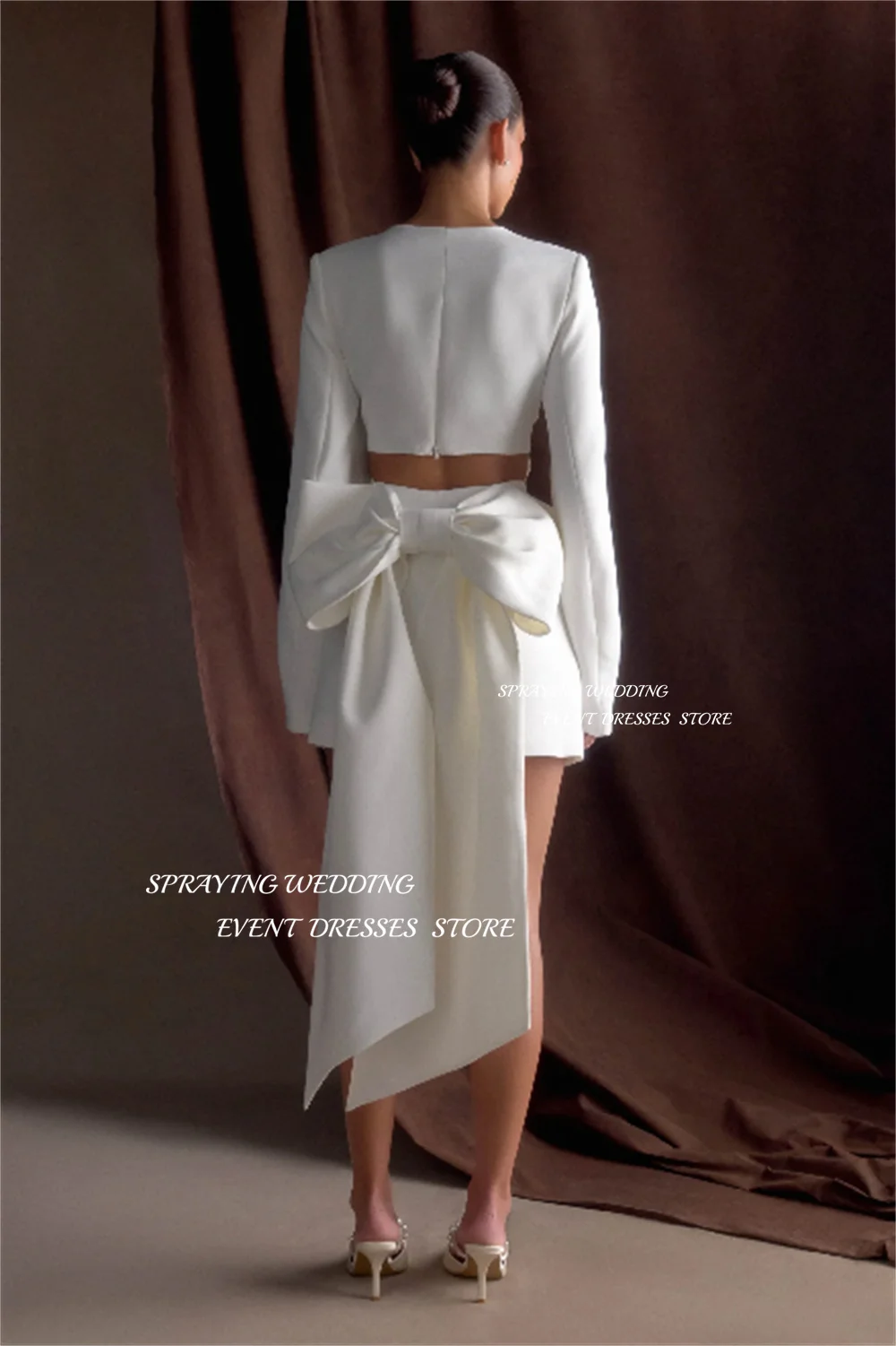 SPRAYING Wedding Dresses Mini Gown for Bride Customized Long Sleeves V-Neck Wedding Prom Dress with Bow Customzied Party Gown