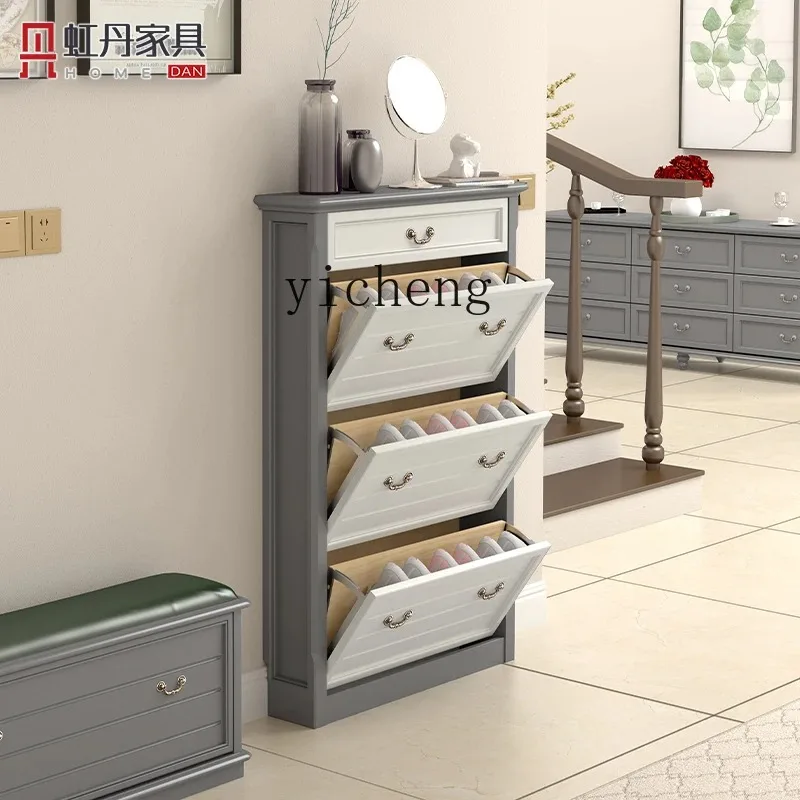 GZ-1   Pure Solid Wood Tipping Bucket Shoe Cabinet American Ultra-thin Shoe Rack Household Entrance Door Premium Gray view 2