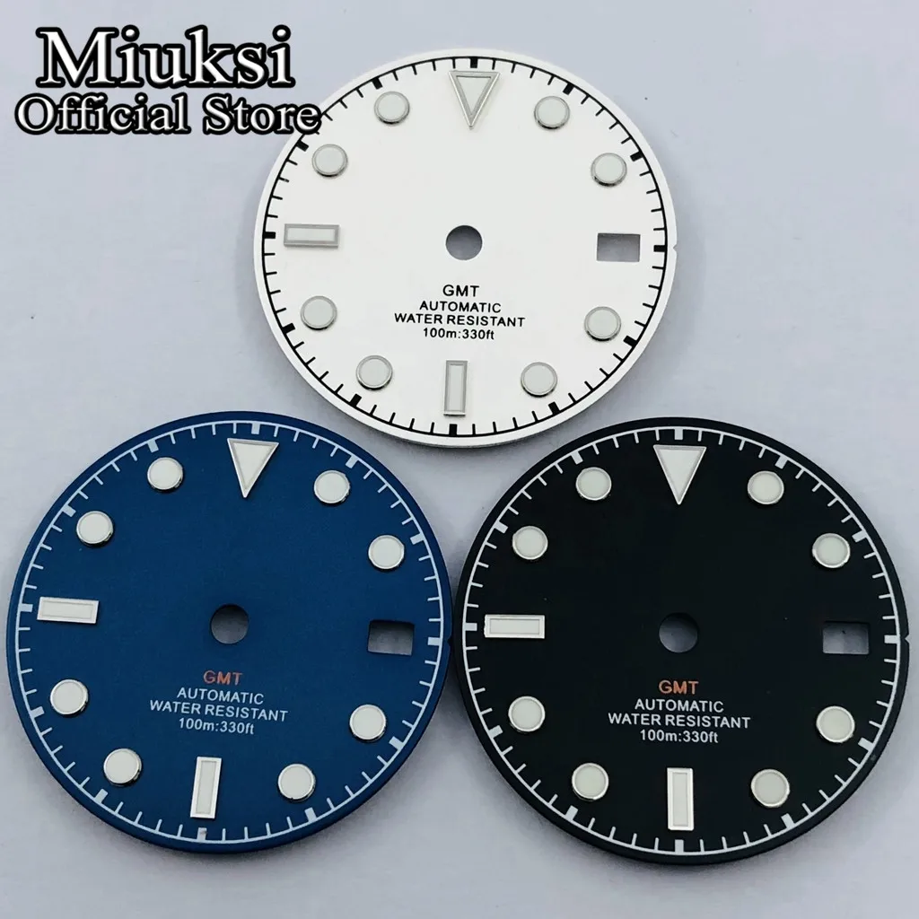 Miuksi 29mm black blue white watch dial fit NH34 NH35 movement fit 3 o\'clock crown 3.8 o\'clock crown