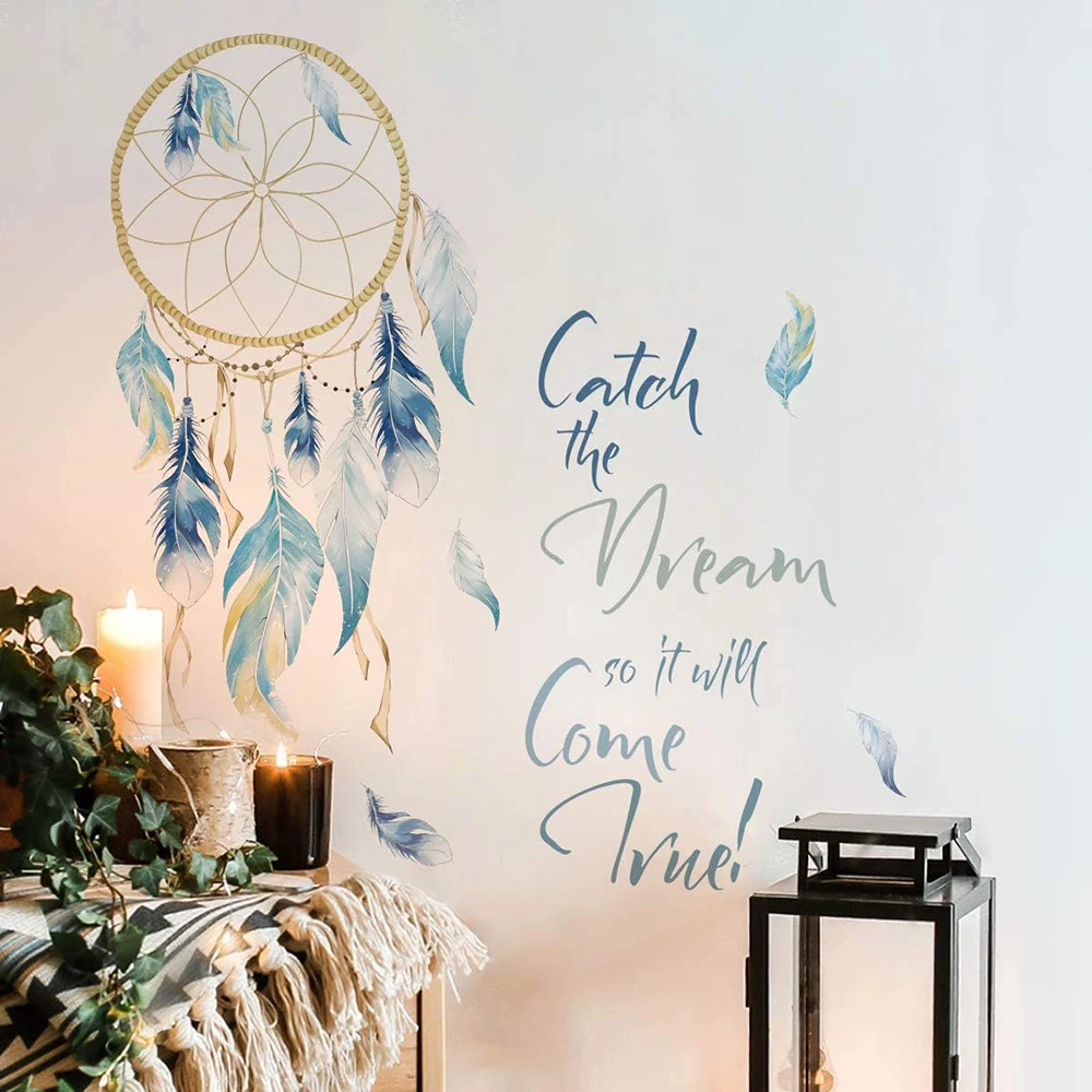 Colorful Boho Dreamcatches Wall Stickers Feather Dream Come True Phrases Wall Decals Bedroom Living Room Baby Nursery Home Decor