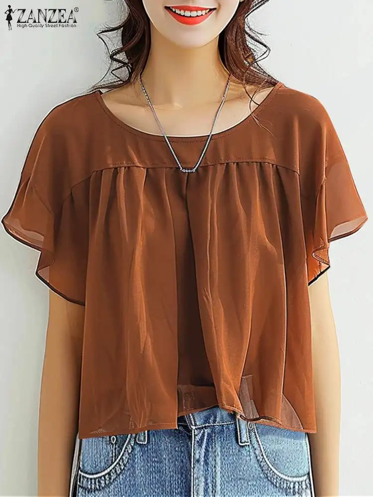 ZANZEA Women Summer Chiffon Blouse Vintage Short Sleeve Round Neck Shirt 2024 Fashion Pleated Blusa Casual Loose Solid Thin Tops