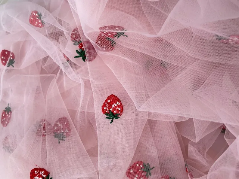 

Pink white soft Tulle Strawberry Embroidered Lace Fabric for Wedding Fabric Baby Dress Lace 51" width