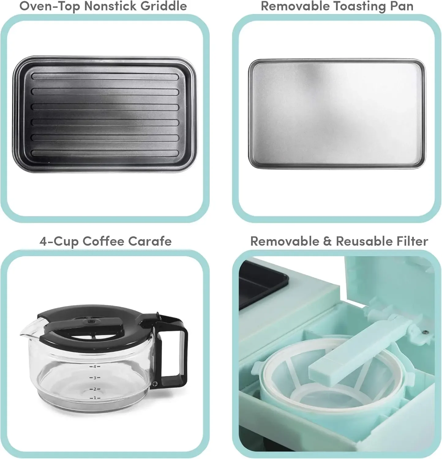 شريحتين أمريكانا، شواية 9.5 بوصة مع غطاء زجاجي، محطة مركزية للإفطار 3 في 1، ماكينة صنع القهوة 4 أكواب، فرن محمصة مع توقيت 15 دقيقة