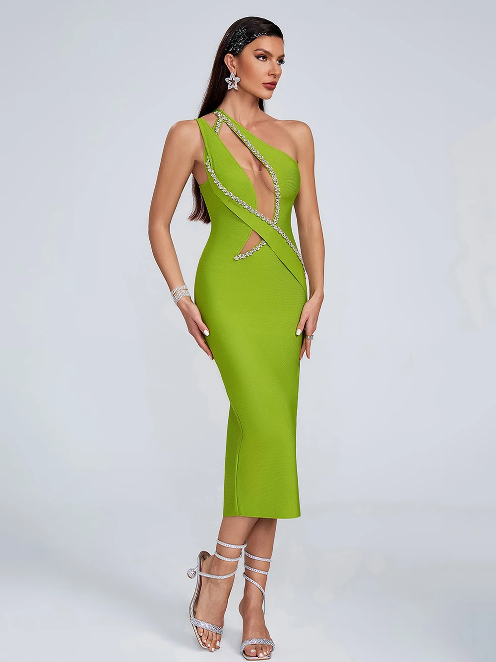 Modphy Sleeveless Backless Diamond One Shoulder Diamond Midi Bandage Bodycon Celebrity Nightclub Party Women\'s Dresses  Vestidos