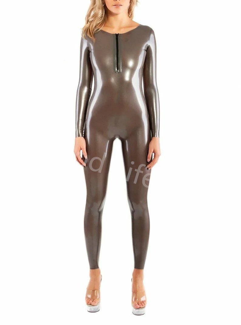 

Gummi 100% Handmade Latex Long Sleeves Open Back Catsuit Rubber Ｗomen's Tight Suit with Front Zip Jumpsuit