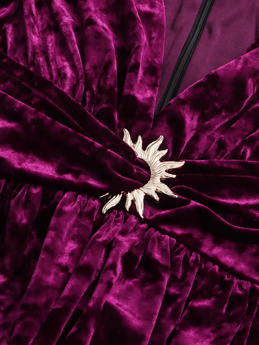 TWOTWINSTYLE Solid Spliced Folds Elegant Velvet Dresses for Women V Neck Long Sleeves High Waist Patchwork Sequined Dress Female