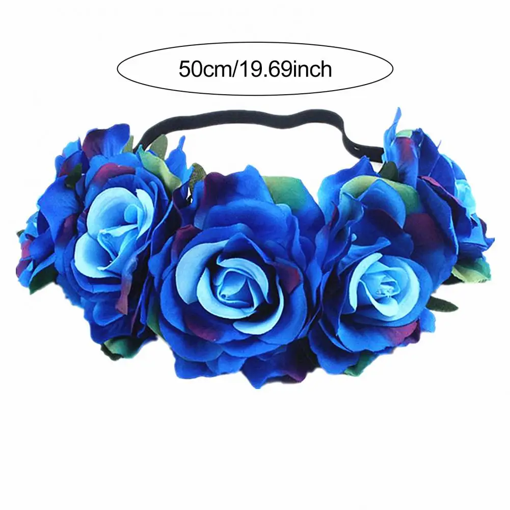 Rose Flower Crown Elegant Women Headband Handmade Hair Hoop 5 Artificial Roses Elastic Bohemia Style Hair Hoop Hair Accessory