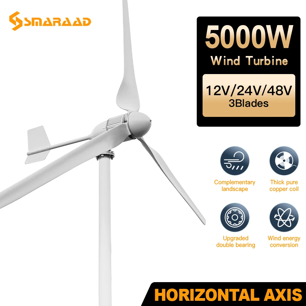 

Wind Turbine 5000W 24V 48V 96V Free Energy Power Generator Windmill With MPPT Hybrid Charger Controller Outdoor Use Waterproof