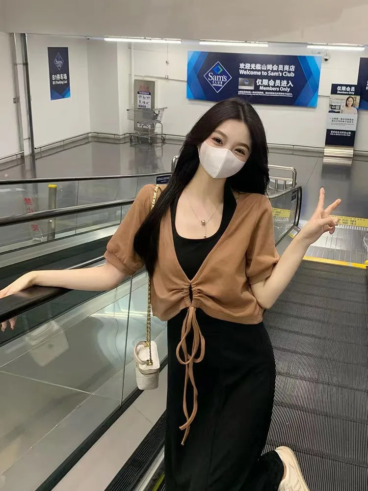 2024 New Cool Wind Tie Up Top Large Drop Feel Split Neck Hanging Strap Long Dress Two Piece Set for Women