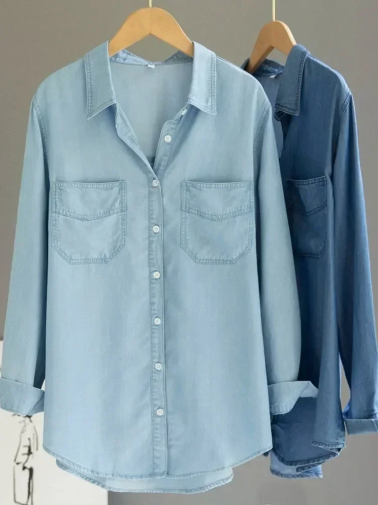 

Корейская шикарная джинсовая блузка с карманами неправильной формы, женская однобортная джинсовая рубашка с длинными рукавами, весна 2023, новинка весны