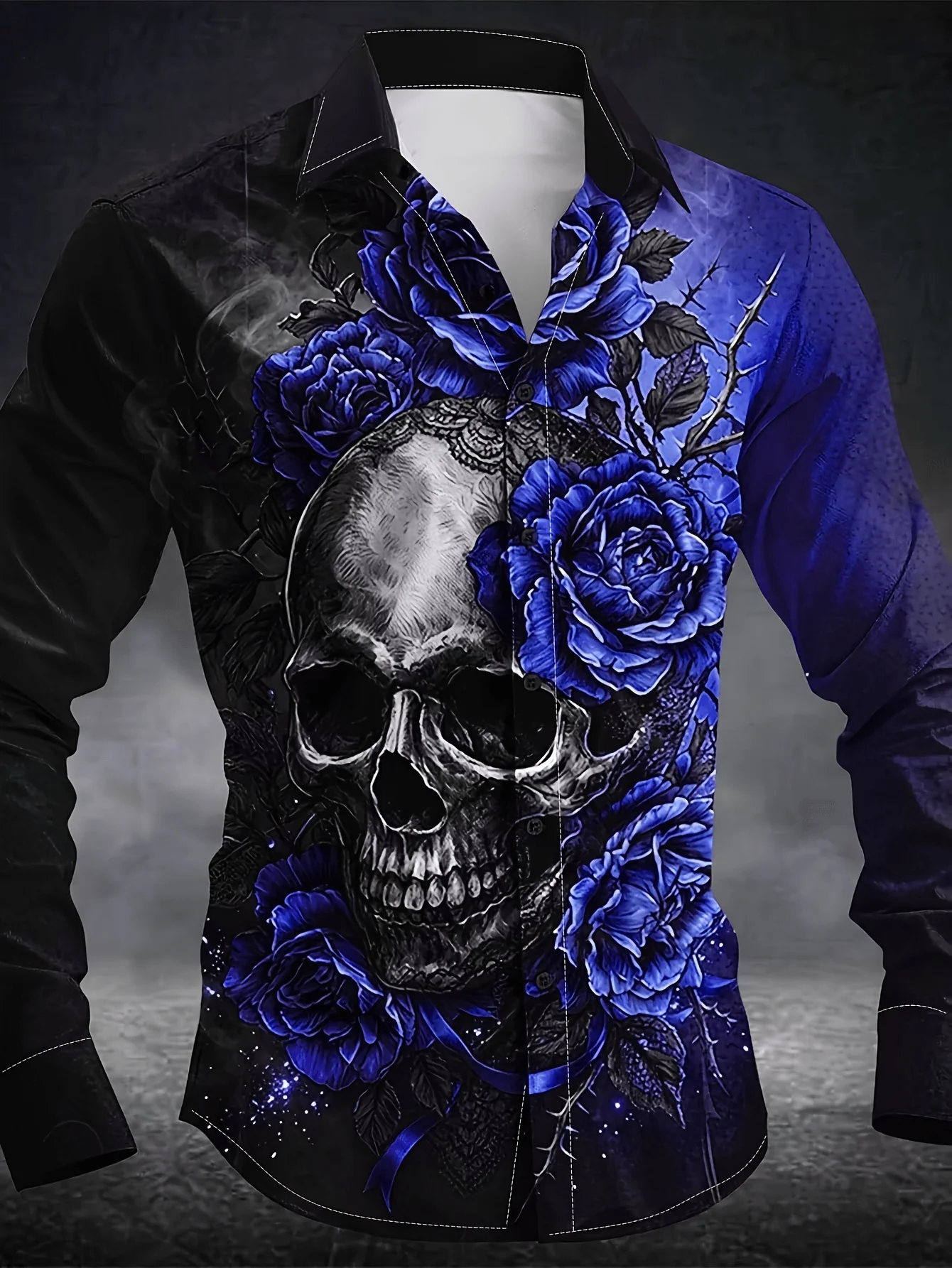 Men Long Sleeve Button Down Shirt Purple Black Skull Rose Thorn Print Polyester Lapel Collar Gothic