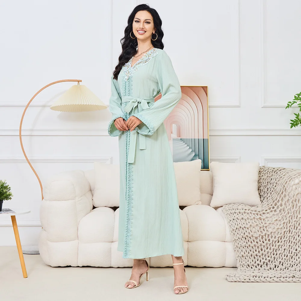 Muslim Women Luxury Evening Dresses Beaded Casual Abayas Dubai V Neck Embroidery Robe Arab Long Sleeve High Waist Banquet Kaftan