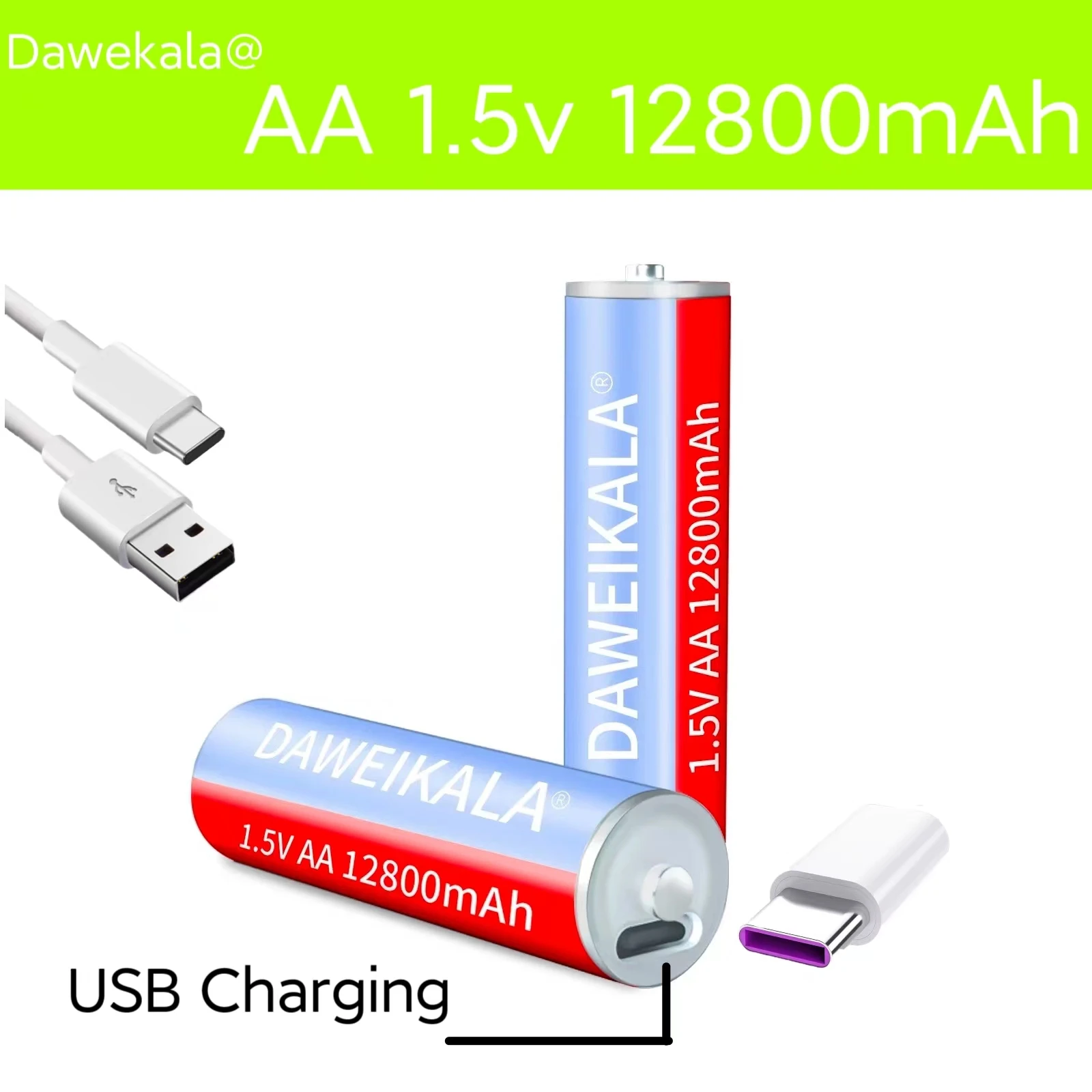 AA 1.5V Rechargeable Battery High Capacity 12800mAh Li-ion Battery for Remote Control Mouse Electric Toy Battery + Type-C Cable