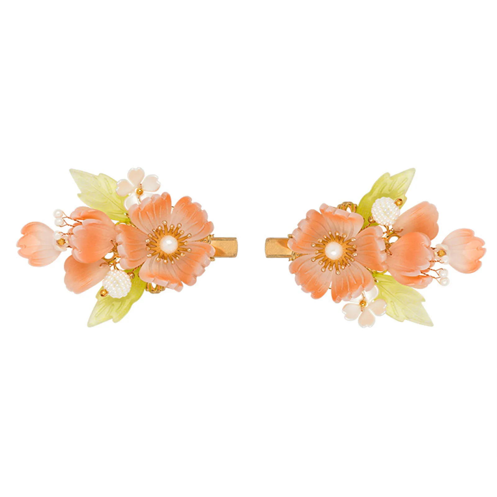 Girls Retro Haie Clip 2pcs Pearl Hairpin Chinese Coral Flower Headdress For Hanfu Dress Vintage Alloy Pink Floral Hair Jewelry
