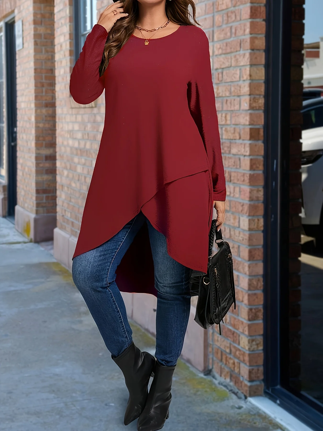 Plus Size Damen-T-Shirt mit elegantem asymmetrischem Saum und langen Ärmeln, Rundhalsausschnitt, lässiges Oberteil, einfarbig, Ganzjahres-Kleidungspullover – Detail 14