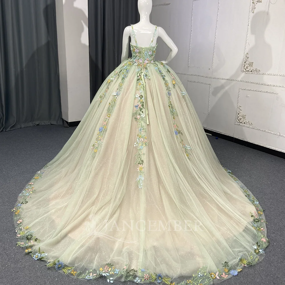 Wykwintne Zielone Sukienki Quinceanera 2025 Błyszcząca Koronka Cienkie Ramiączka Księżniczka Sukienka Urodzinowa Vestido De 15 Anos Szyte na Miarę