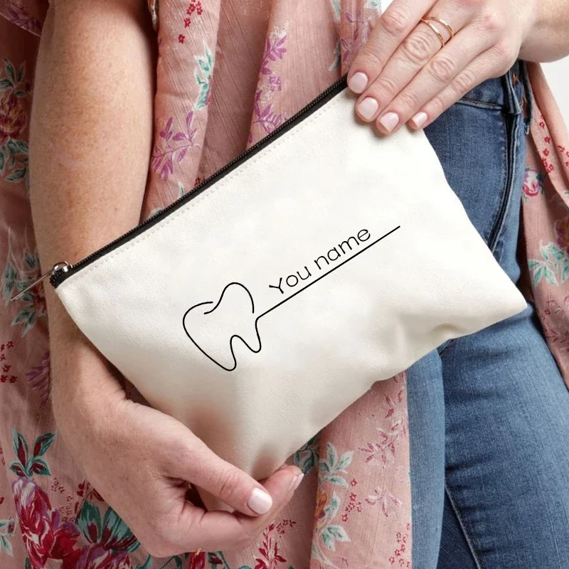 Teeth Pattern Name Custom Canvas Storage Pouch Travel Lipstick Cosmetic Bag Wallet Office Supplies Pencil Case Gift for Dentists