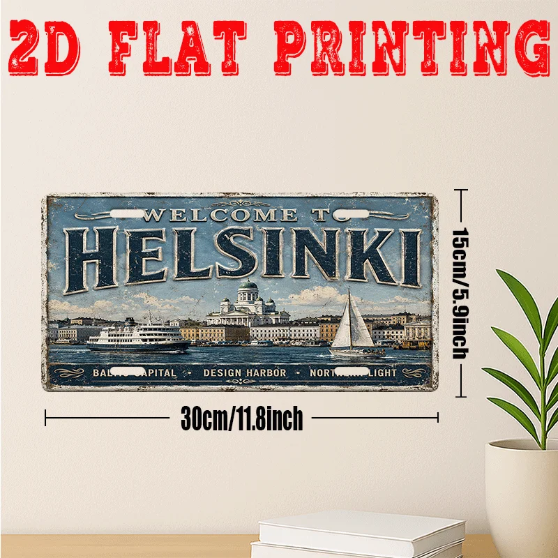 2D Flat, [2D Flat] 2D Flat Printing, 1pc, Retro Metal Sign, Helsinki Baltic City Sign (29.97x14.99 cm), Travel Gift, Nordic Coas
