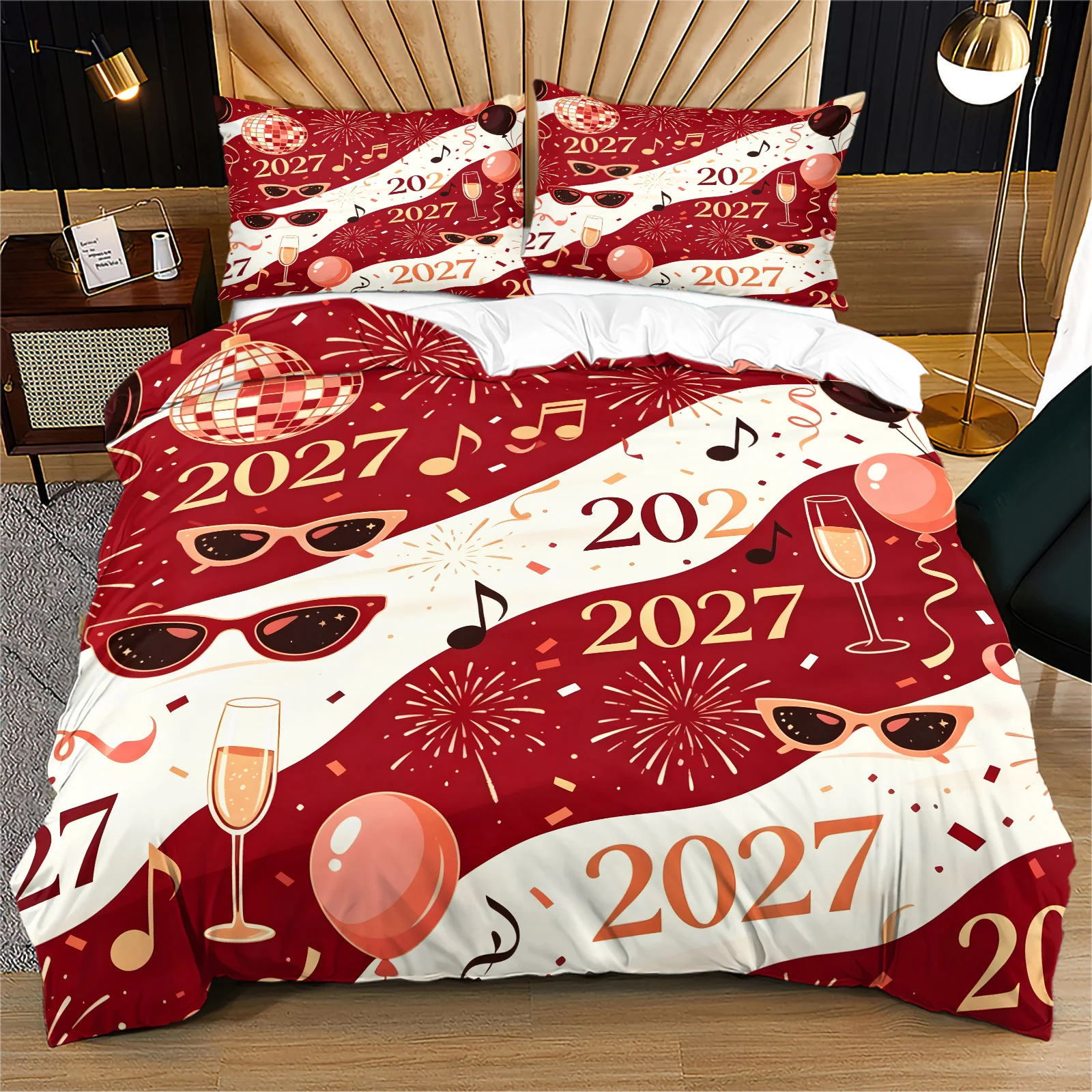 2027 New Year Duvet Cover Set Red Disco Ball Firework Print Bedding Set Quilt Cover with Pillowcases for New Year Bedroom Decor