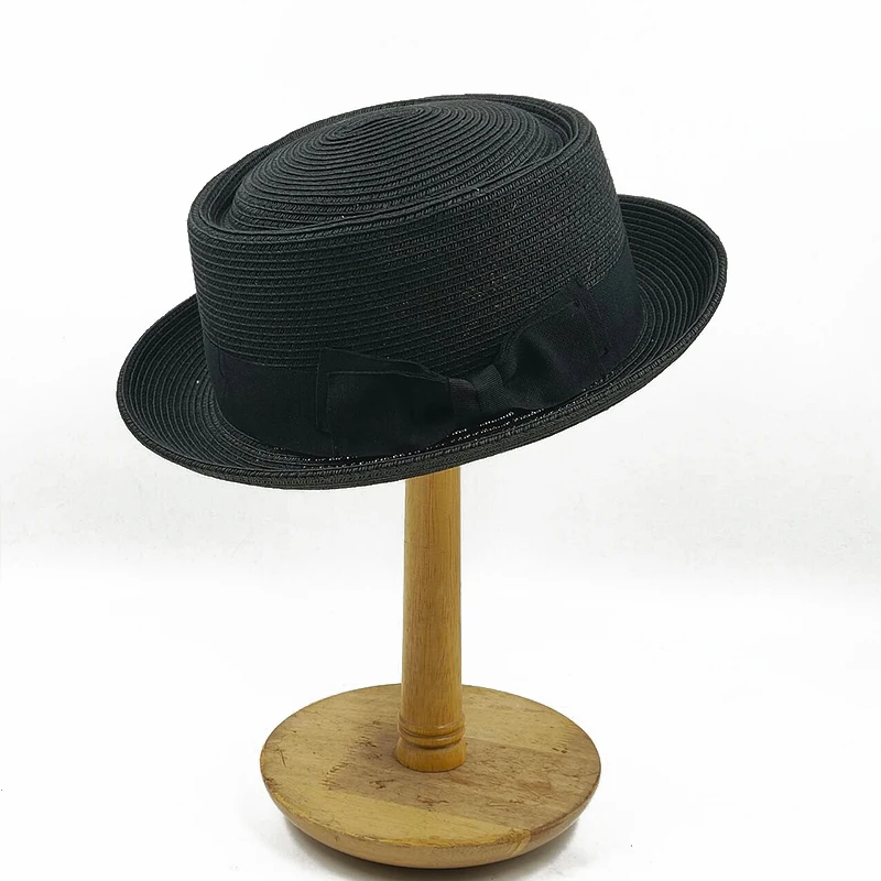 Small Top Hat Curled Men\'s and Women\'s Straw Hat Pork Pie Hat 2024 New Sun Hat Summer Beach Hat Gentleman Hat Bow Accessories