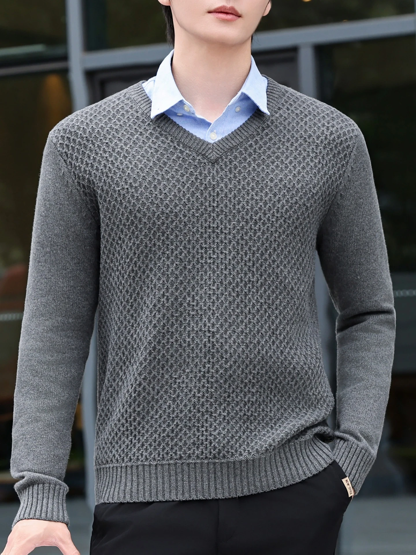 

Мужской осенне-зимний облегающий свитер с V-образным вырезом, повседневный, из чистого хлопка, теплый базовый слой, модный вязаный свитер