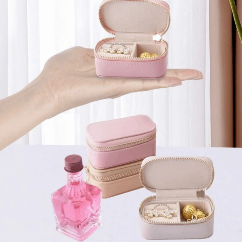 

Vintage Mini Portable Jewelry Box Square PU Leather Necklace Ring Case Jewelry Display Case Zipper Earring Organizer Women