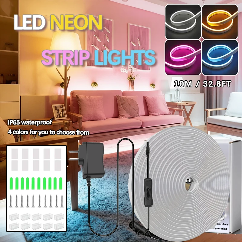 

32.8ft 24V LED Neon Strip Lights Silicone Waterproof IP65 Flexible Cuttable Dimmable Neon Light Strip for Bedroom Living Room Kitchen Indoor Home Decoration