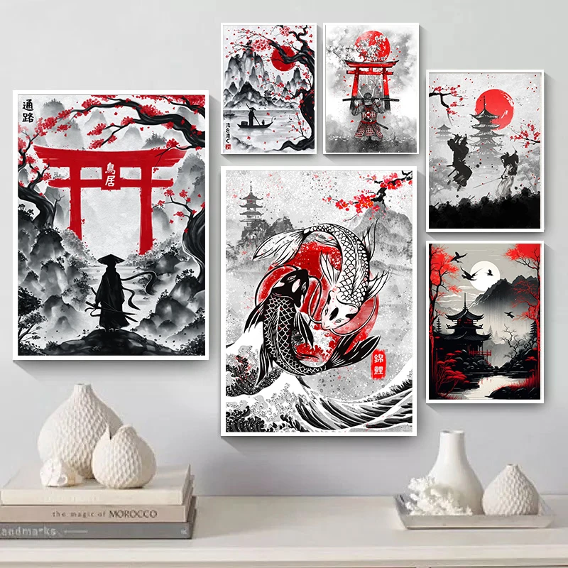 

Japanese Style Black Red Decorative Painting Samurai Warrior Fuji Red Sun Posters Prints for Living Room Wall Decor No Frame