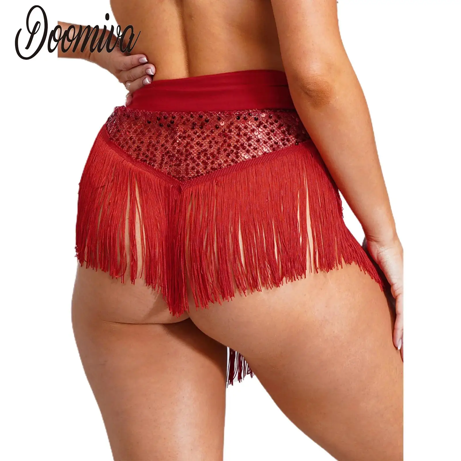

Women Sexy Latin Salsa Rumba Belly Dance Hip Scarf Party Night Clubwear Sequined Mesh Tassel Trim Waist Wrap Hip Skirt