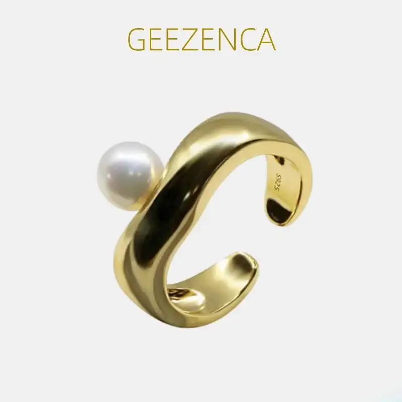 

GEEZENCA 925 Sterling Silver Gold Plated Shell Pearl Crown Women's Open Ring Clearance Limited Stock First Come First Get